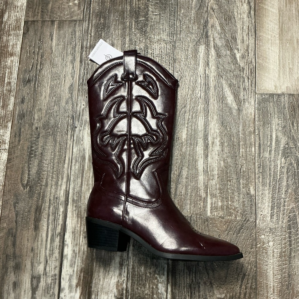 stradivarius Women's Dark Burgandy Brown Western Embroidered Boots Size 7.5 - Picture 10 of 16